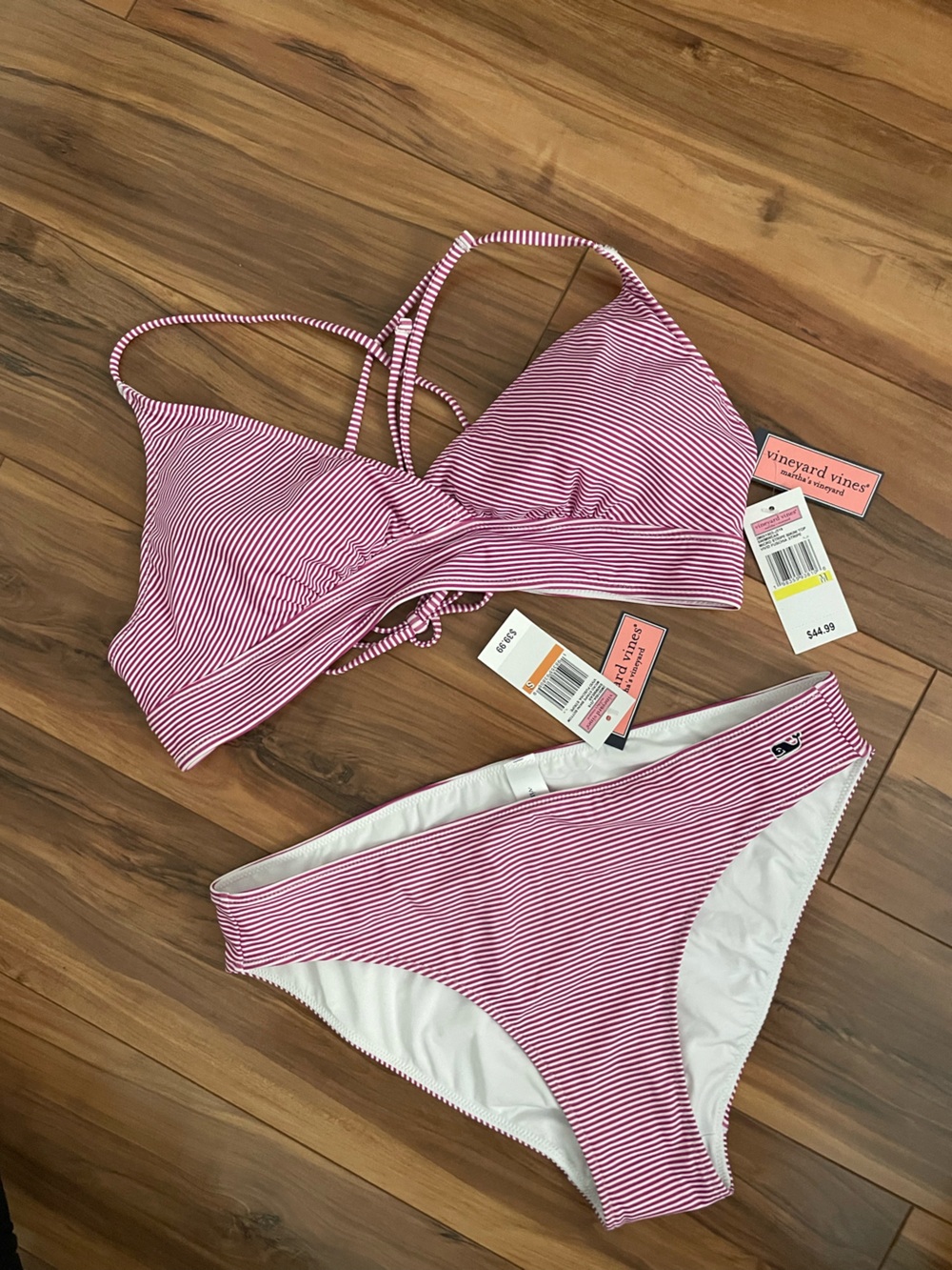 Vineyard Vines Red and White Striped women’s Two-Piece Bikini S- bottom M top